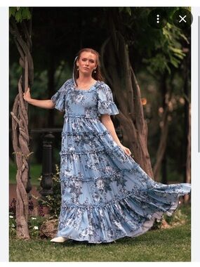 JessaKae Blue Faeryn Floral Ruffle Maxi Dress - 3X